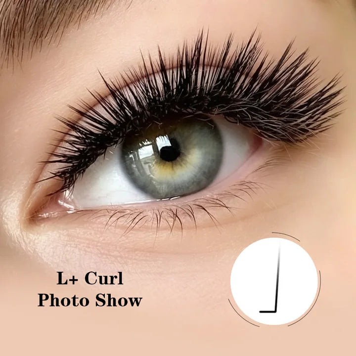 L+ curl eyelash extensions with a straight base and stronger lift