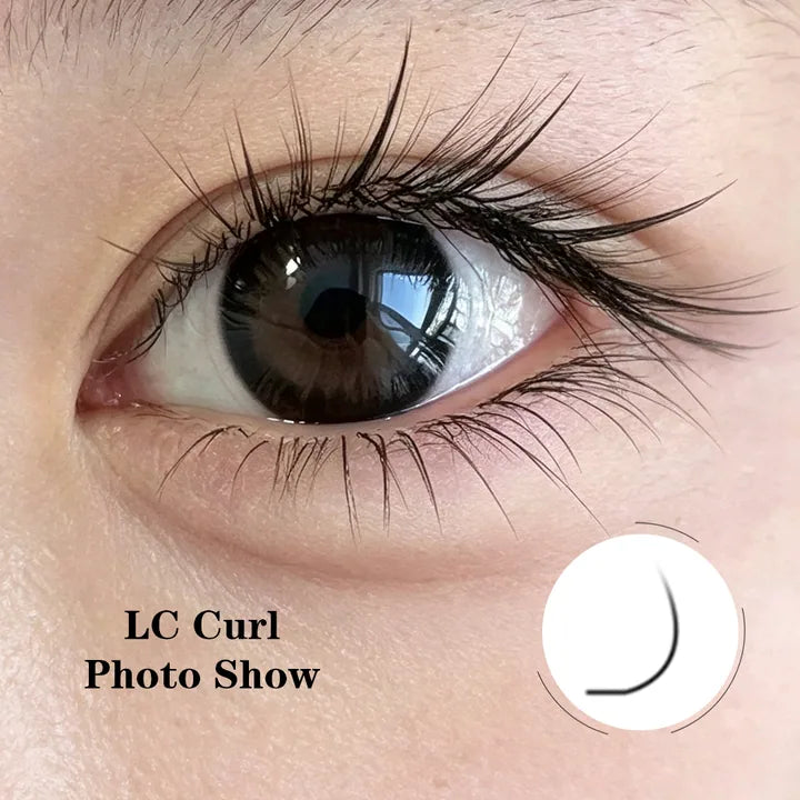 LC curl eyelash extensions with an angled lifted profile