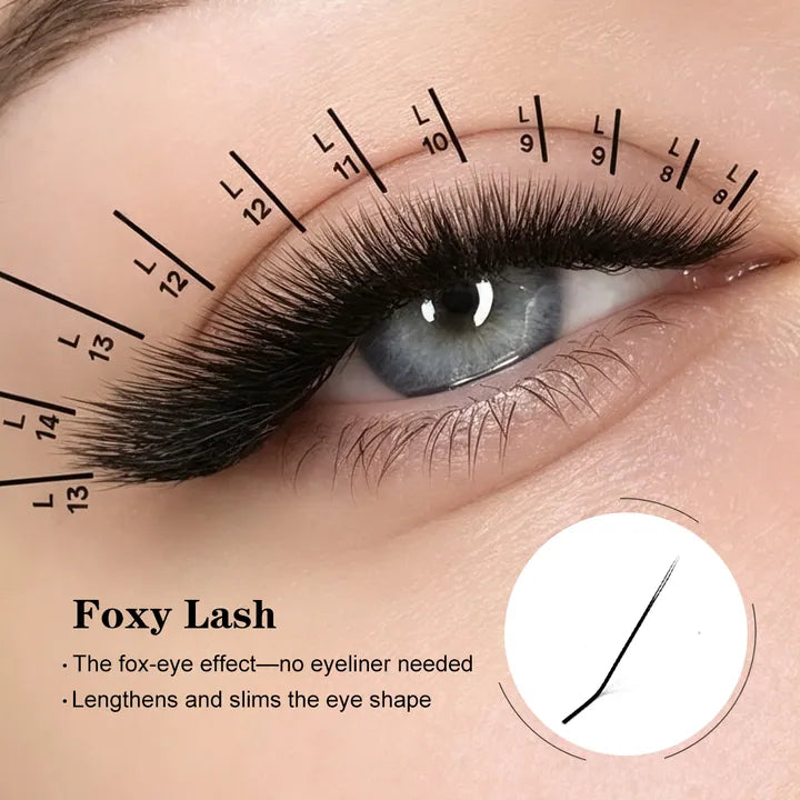 Foxy eyelash extensions mapped for an elongated lifted eye shape