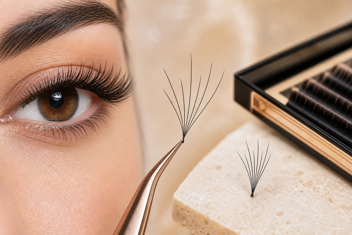 Camellia lash set with mixed-length Easy Fan and six curl variations in the 6D structure