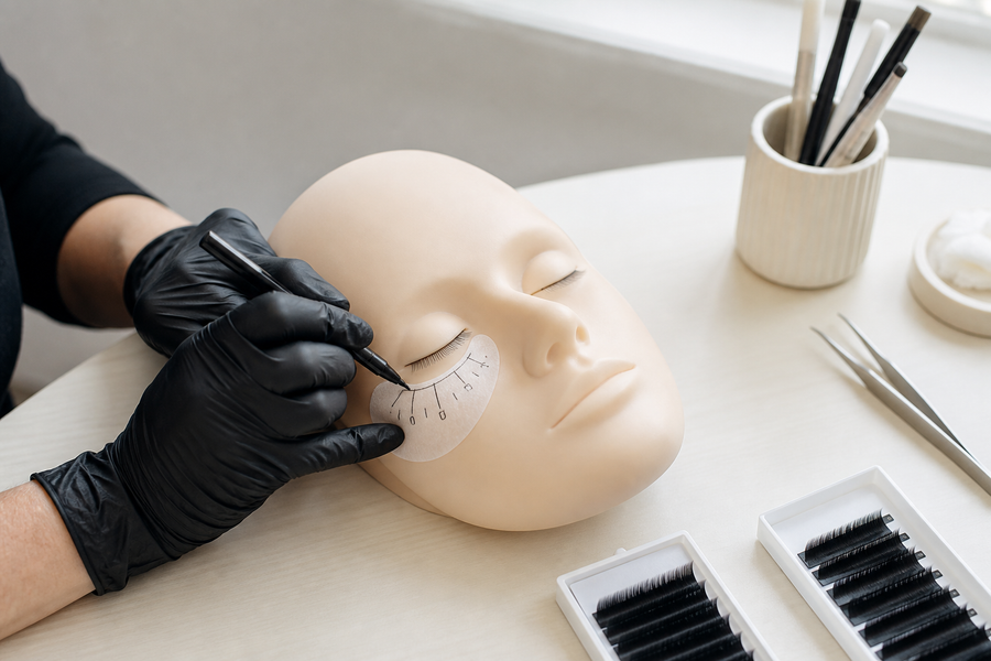 Lash artist drawing a bottom lash map on an under-eye pad beside a practice mannequin in a professional training studio.