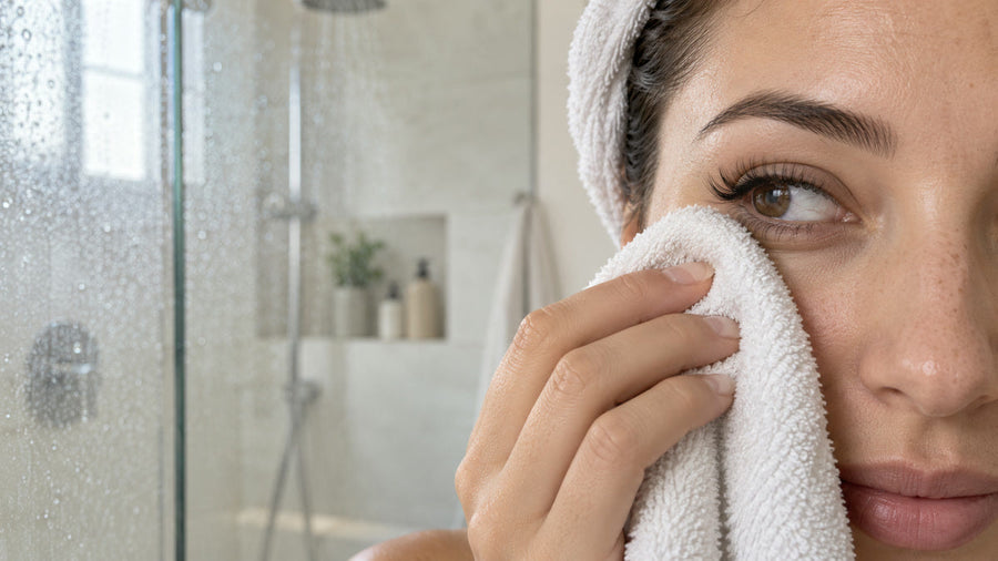 Woman gently patting below a cured lash cluster set after showering.