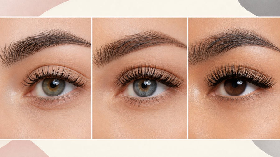Three eye close-ups showing classic definition, hybrid texture and volume lash density.