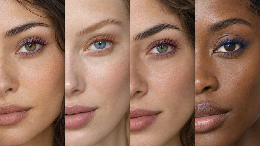 Four eye colors paired with subtle plum, copper, burgundy and blue lash accents.