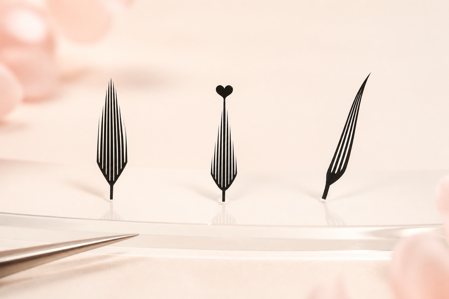 Three single laser-cut lash accents compared on a soft studio background: Classic Comic Spire, Heart Spire and Foxy Spire.