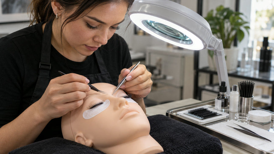 Lash artist checking isolation and direction during mannequin practice.