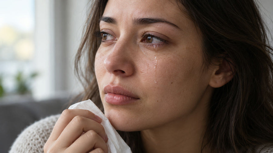 Woman with natural wet lashes and a tear, holding a tissue below her face.