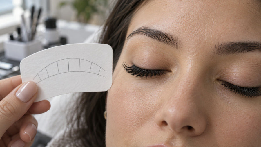 Doll-eye lash set with a centered peak beside a simple mapping pad.