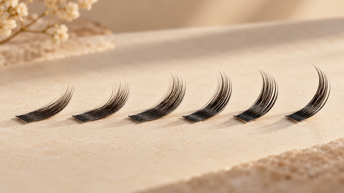 Six lash samples showing progressively different extension curl profiles.