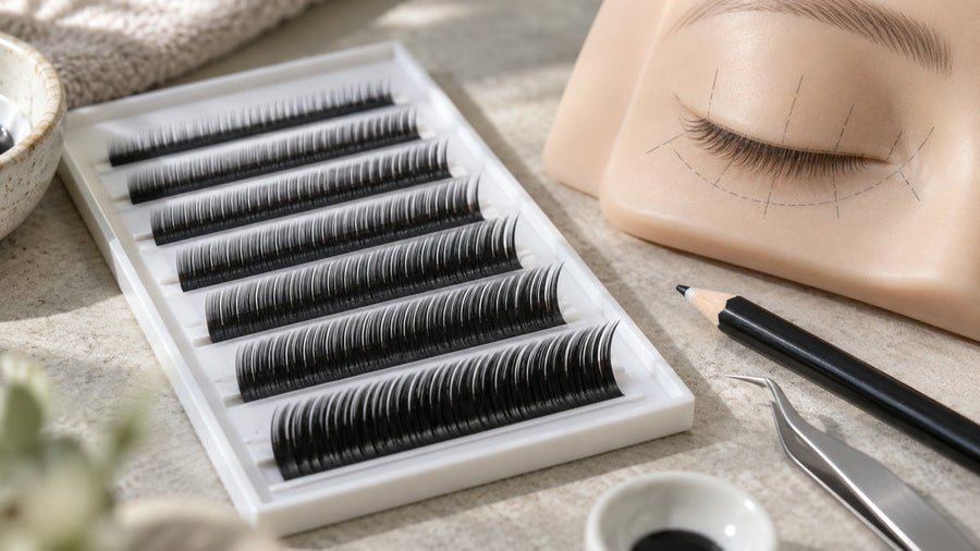Lash tray with gradual short-to-long fibers beside a practice mapping eye.