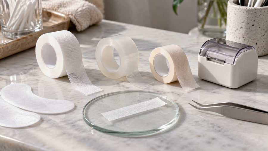 Non-woven, clear and sensitive-skin lash tapes with isolation tools.