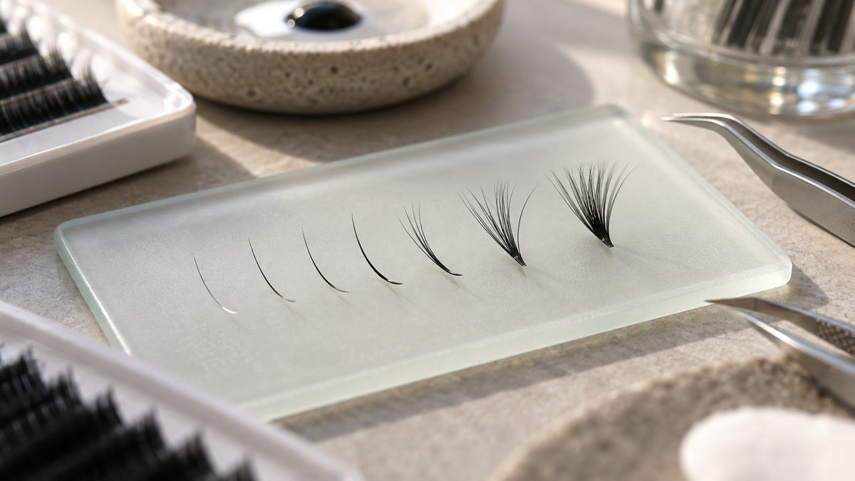 Fine lash fibers and small fans showing different diameter profiles.