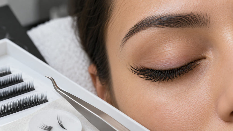 Fox-eye lash extensions with a lifted and elongated outer third.