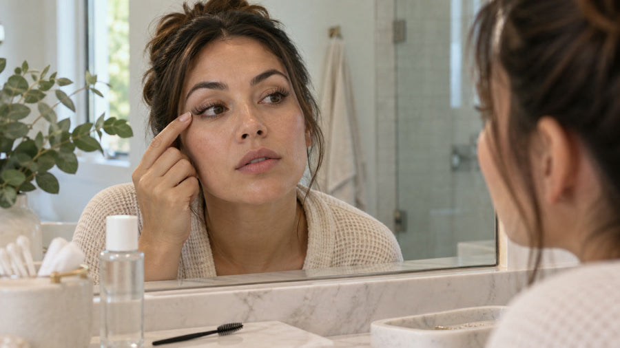 Woman checking the outer corner of a worn lash cluster set in a mirror.