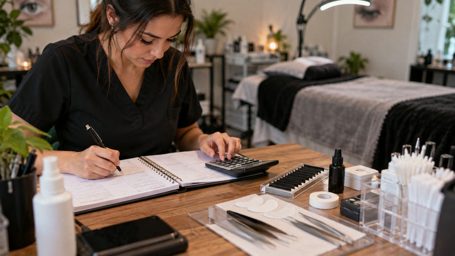Lash artist reviewing service supplies and costs at a studio desk.