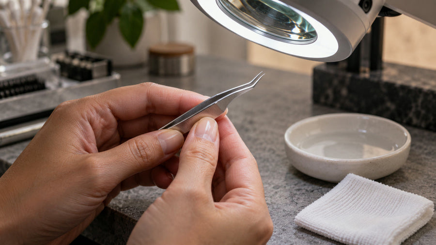 Lash artist inspecting tweezer tip alignment beneath a magnifying lamp.