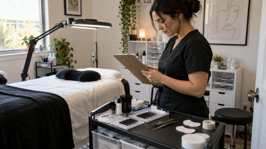 Lash artist checking supplies in a clean independent lash studio.
