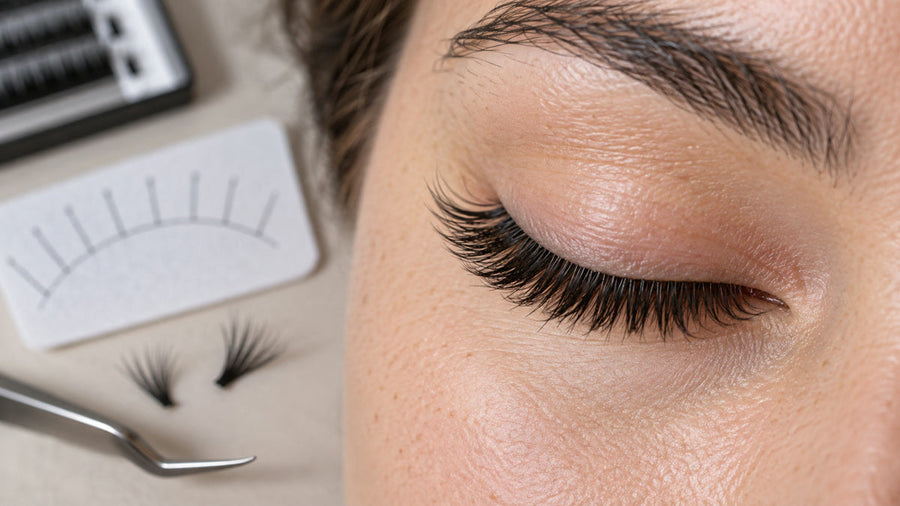 Hybrid lash set combining defined fibers with soft narrow volume fans.