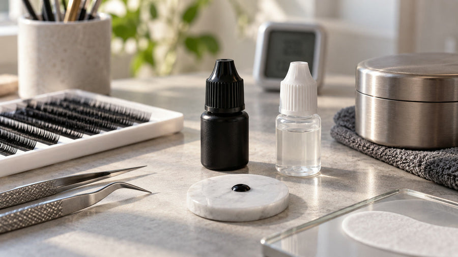 Black and clear professional lash adhesives at a controlled workstation.