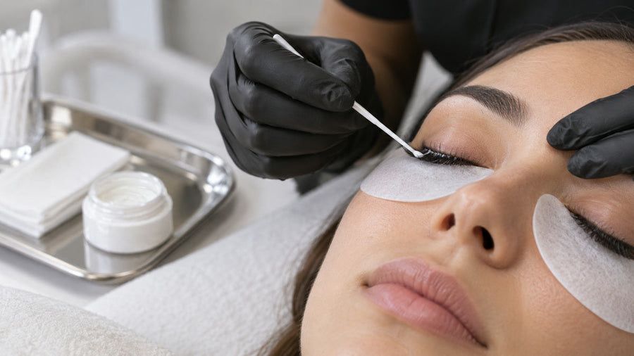 Lash professional applying cream remover to extension bond points on closed eyes.
