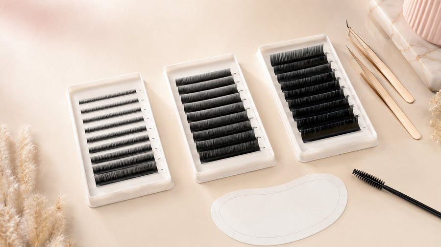 Three professional lash trays arranged for visual comparison of extension lengths and fiber profiles.