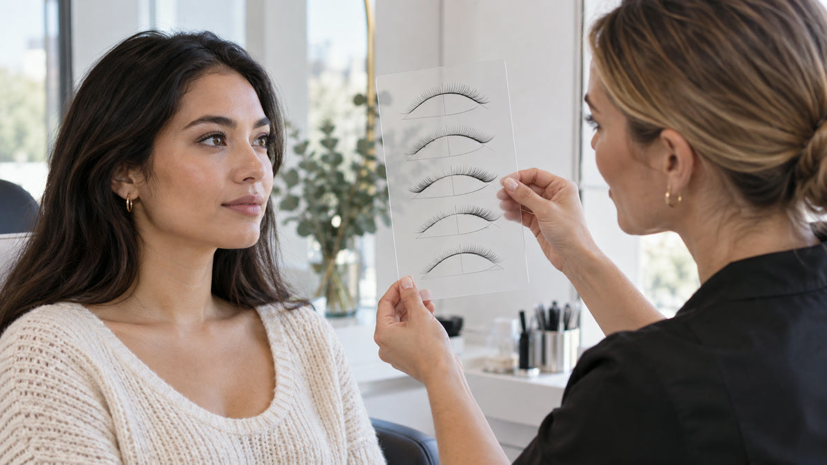 Lash artist comparing mapping silhouettes during an eye-shape consultation.