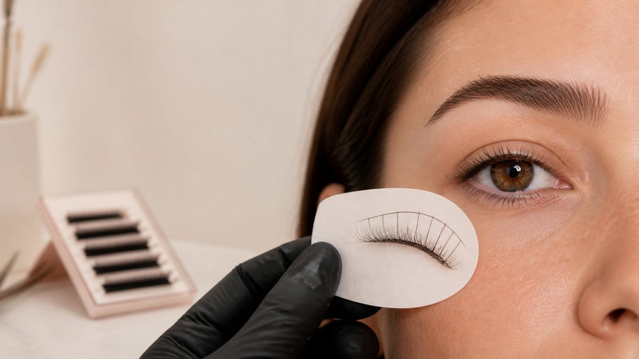 Lash artist reviewing a mapping card beside a client with hooded eyes in a professional studio.