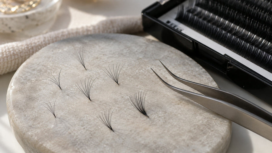 Small handmade lash fans arranged beside volume tweezers and a lash tray.