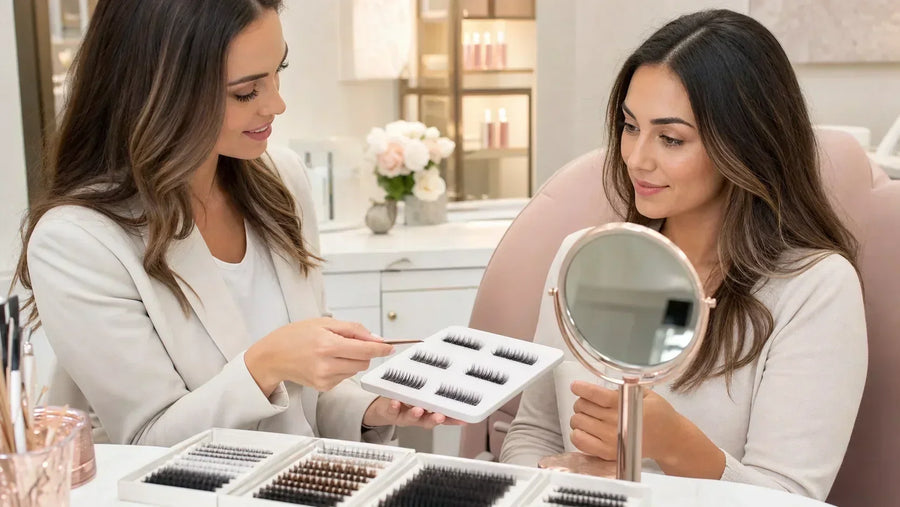 Lash artist explaining several eyelash extension styles to a client during a consultation