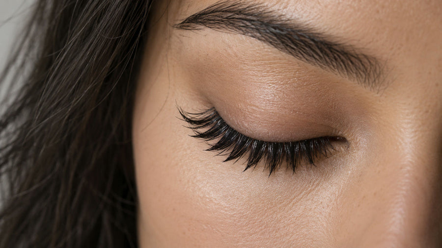 Refined wet-look lash set with dark separated narrow spikes.