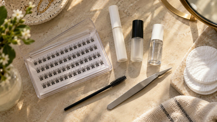 DIY lash cluster kit with clusters, bond, sealant, remover and applicator.