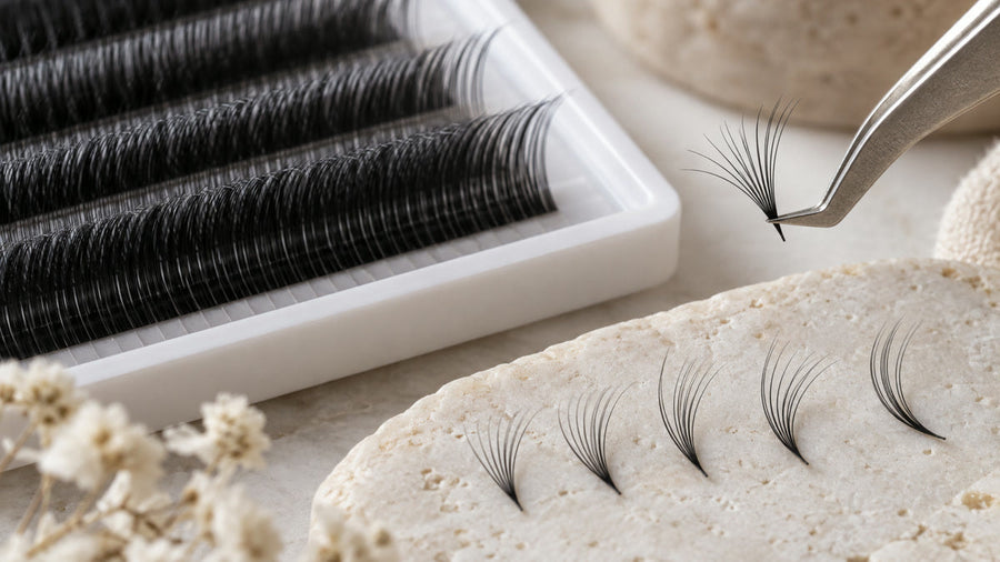 Ultra-fine handmade mega-volume lash fans beside an unbranded lash tray.