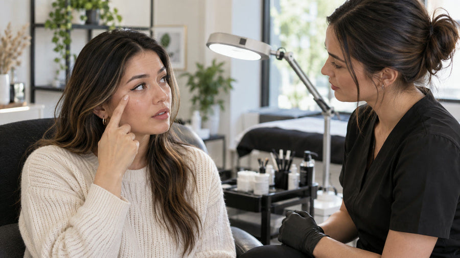 Client discussing eye-area discomfort with a lash professional in a studio.