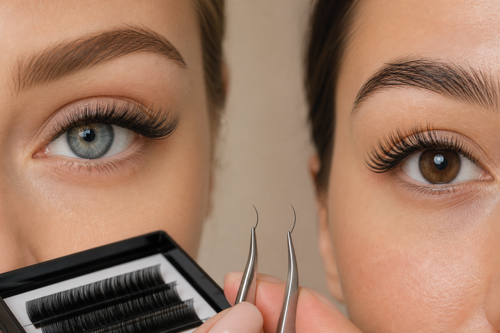 Two clients showing flat lash and traditional round classic lash results