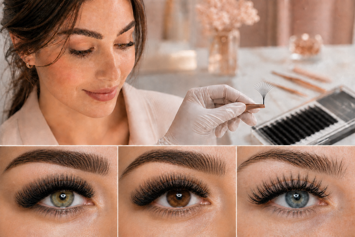 Professional comparison of mega volume, full volume and wispy volume lash sets using 0.03mm, 0.05mm and 0.07mm lash extensions