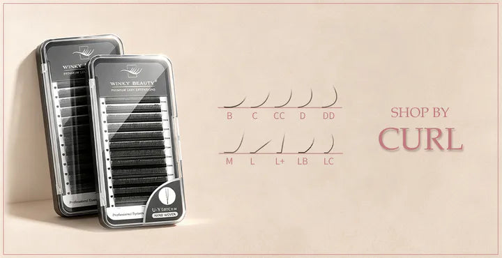 Winky Beauty lash trays with B, C, CC, D, DD, M, L, L+, LB and LC curl comparison