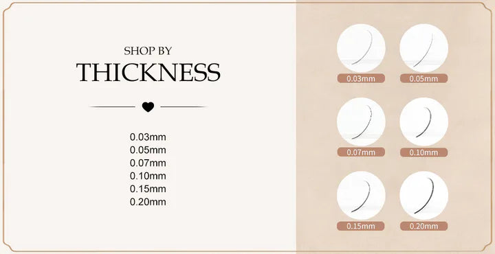 Eyelash extension fiber thickness comparison from 0.03mm to 0.20mm