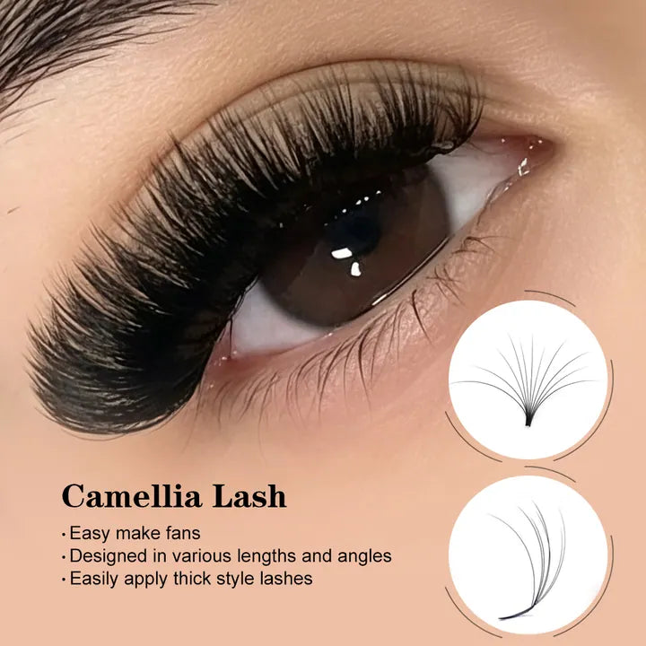 Camellia eyelash extensions with varied lengths and angles for layered fan styling