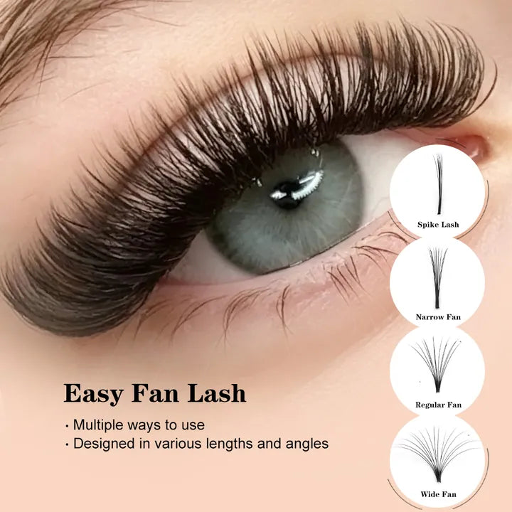 Easy fan eyelash extensions showing spike narrow regular and wide fan styling
