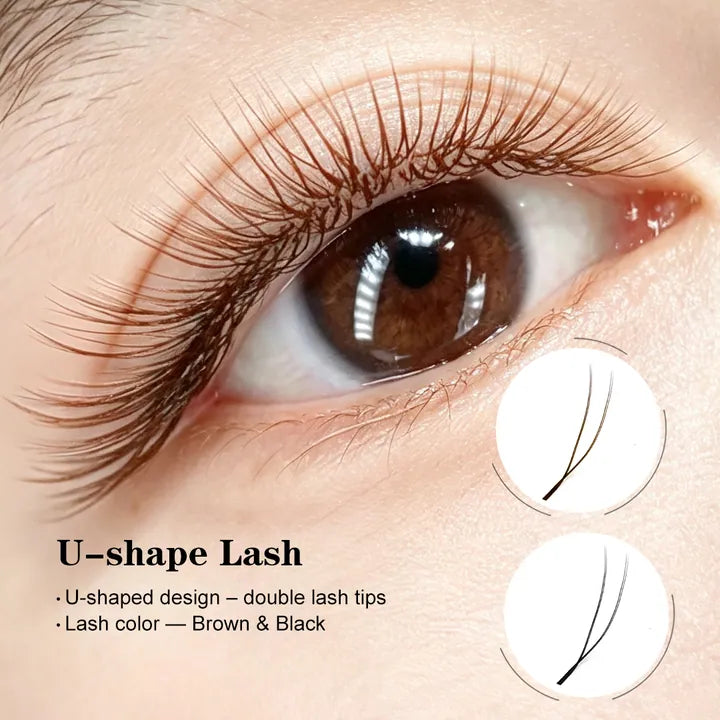 U-shape eyelash extensions in black and brown double-tip styles