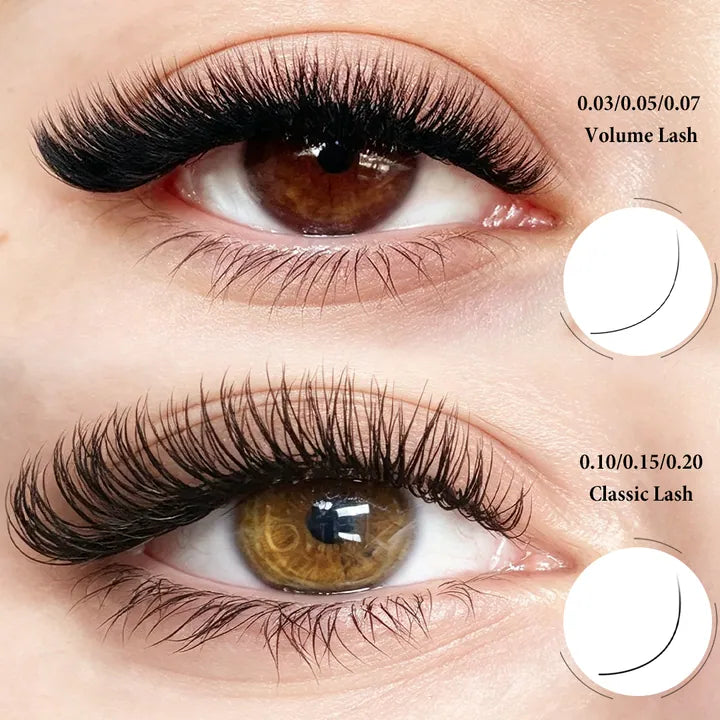 Volume and classic eyelash extension styles in 0.03mm to 0.20mm thicknesses