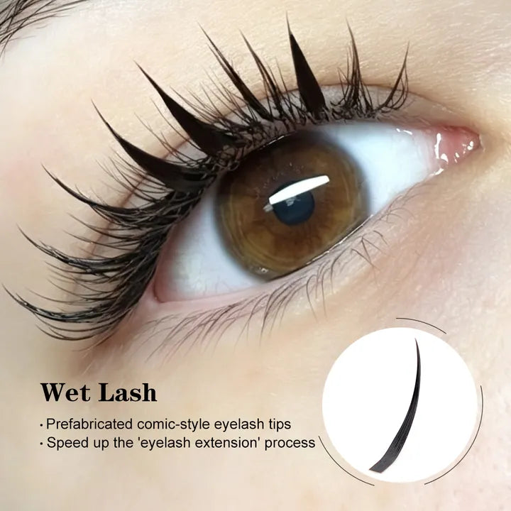 Wet lash extensions for glossy closed-fan and comic lash effects