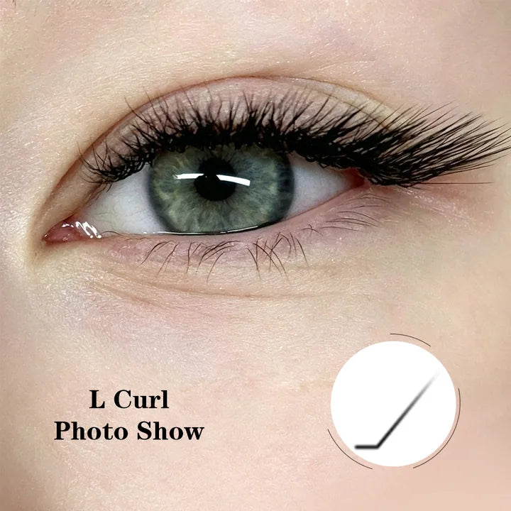 L curl eyelash extensions with a straight base and sharp lift
